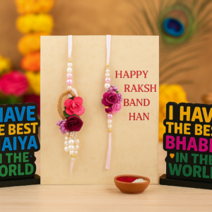 Floral Pearl Rakhi Lumba Set with MDF Stand | Bhaiya Bhabhi Gift Combo
