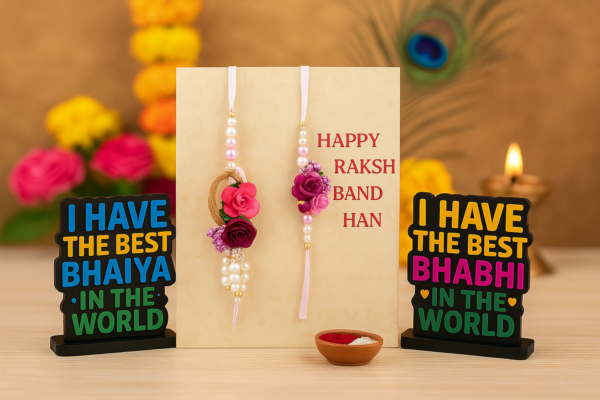 Floral Pearl Rakhi Lumba Set with MDF Stand | Bhaiya Bhabhi Gift Combo