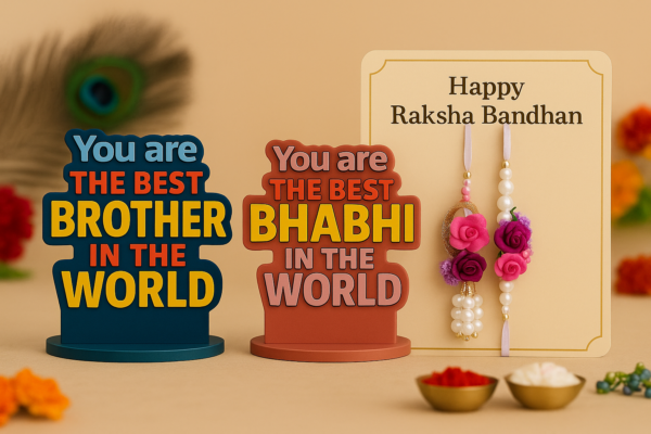 PRAMONITA Traditional Raksha Bandhan Gift Set, Raksha Bandhan Gift Combo for Brother & Bhabhi – Floral Rakhi Lumba Set with Wooden MDF Table Stand – 'Best Brother & Bhabhi in the World' Quote Showpiece