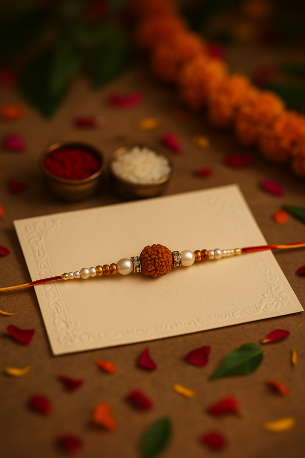 Rudraksha Rakhi Combo – Big Bro & Little Bro MDF Stand with Roli Chawal - Image 3