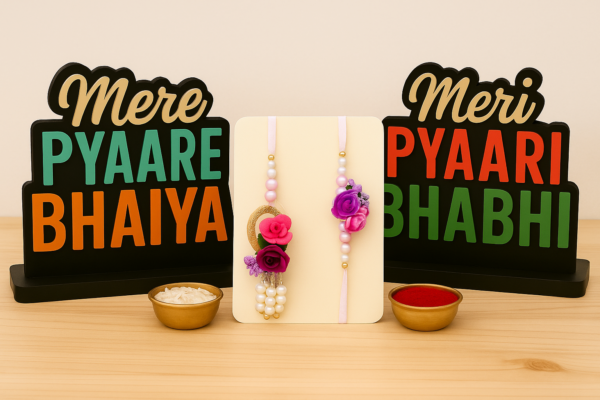 Bhaiya Bhabhi Rakhi Gift Set with Floral Lumba Rakhi, MDF Standees & Roli Chawal | Pramonita Exclusive - Image 4