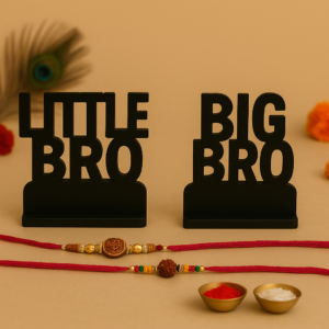 Rudraksha Rakhi Combo – Big Bro & Little Bro MDF Stand with Roli Chawal