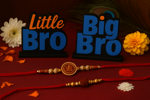 Big Bro – Little Bro Rakhi Combo with MDF Stand | Ganesha & Rudraksha Rakhi Set