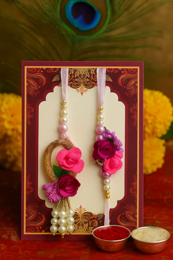 PRAMONITA Traditional Raksha Bandhan Gift Set, Raksha Bandhan Gift Combo for Brother & Bhabhi – Floral Rakhi Lumba Set with Wooden MDF Table Stand – 'Best Brother & Bhabhi in the World' Quote Showpiece - Image 4