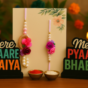Bhaiya Bhabhi Rakhi Gift Set with Floral Lumba Rakhi, MDF Standees & Roli Chawal | Pramonita Exclusive