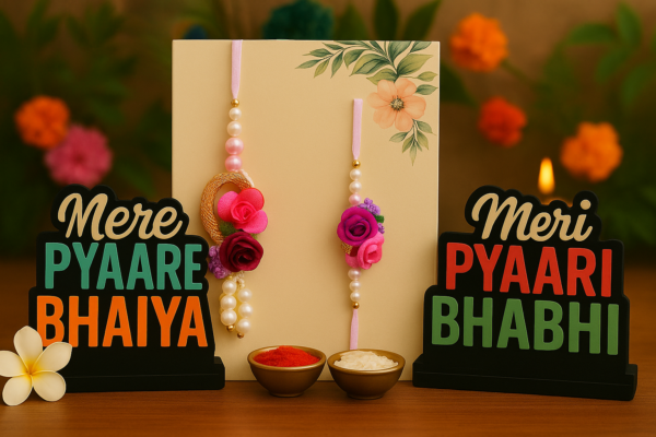 Bhaiya Bhabhi Rakhi Gift Set with Floral Lumba Rakhi, MDF Standees & Roli Chawal | Pramonita Exclusive