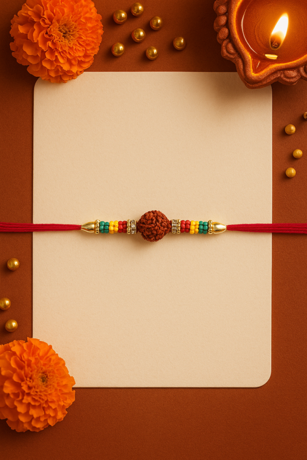 Rudraksha Rakhi Combo – Big Bro & Little Bro MDF Stand with Roli Chawal - Image 4