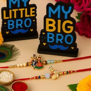 Big Bro & Little Bro Rakhi Gift Set with Krishna Rakhis, MDF Standees & Roli Chawal | Raksha Bandhan Special