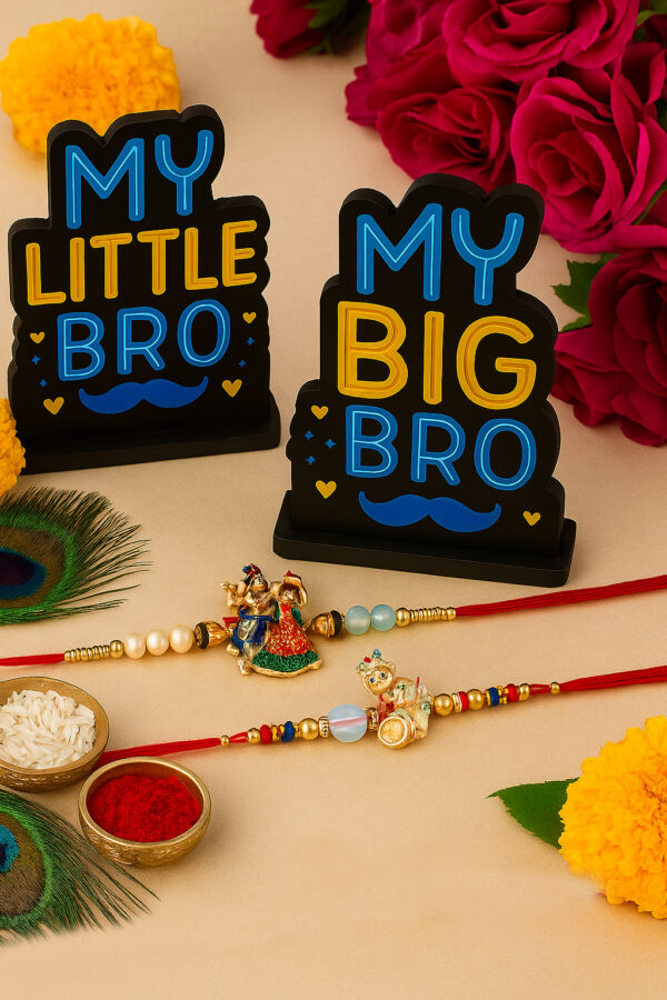 Big Bro & Little Bro Rakhi Gift Set with Krishna Rakhis, MDF Standees & Roli Chawal | Raksha Bandhan Special